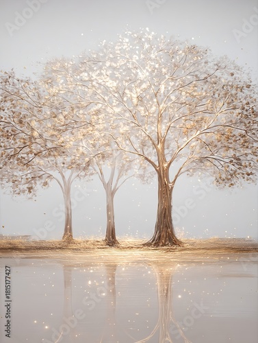 Golden trees with radiant foliage reflected in calm water