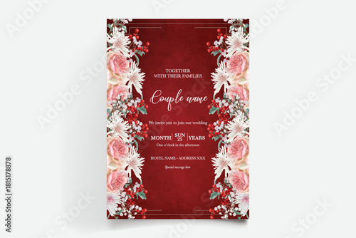 WEDDING INVITATION FRAME WITH FLOWER DECORATIONS AND FRESH LEAVES