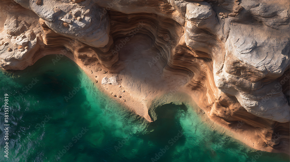 Obraz premium Water-eroded rocks at the base of a deep valley, emerald river, top view