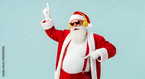 Funky Santa with large abdomen listening to Xmas music on headphones, dancing and raising hands, dressed in sunglasses, suspenders and Santa hat – isolated on pastel color background