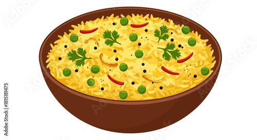 A vibrant vector illustration depicts a flavorful bowl of yellow rice, garnished with green peas, red chilies, and fresh cilantro, isolated on a white background.