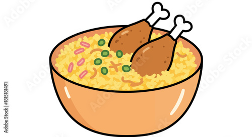 A vibrant vector illustration showcases a bowl of delicious rice, adorned with chicken drumsticks and peas, perfect for culinary and food-related projects.