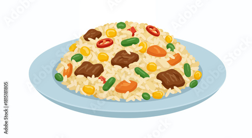 Isolated vector illustration of a plate of cooked rice with vegetables and meat, offering a visually appealing culinary depiction for various design needs.