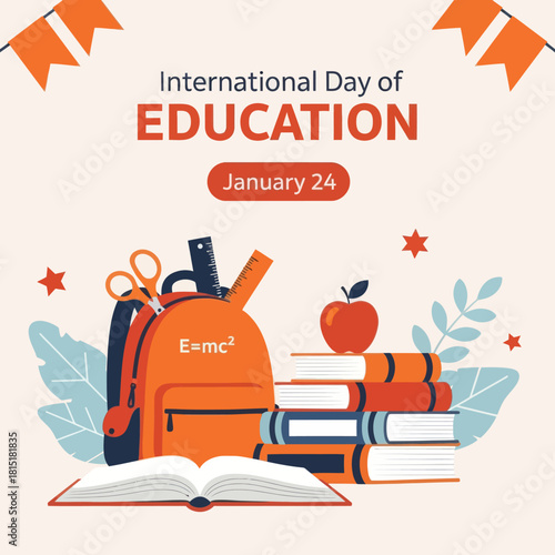 Illustration of International Day of Education featuring a backpack, books, open notebook, and learning elements, symbolizing knowledge, study, and global education awareness.