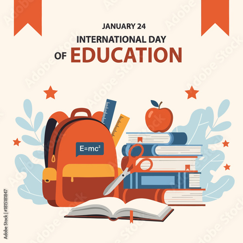 Illustration of International Day of Education featuring a backpack, books, open notebook, and learning elements, symbolizing knowledge, study, and global education awareness.