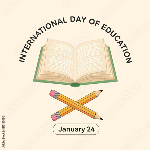 Minimalist illustration of an open book and crossed pencils celebrating the International Day of Education on January 24. Perfect for learning, school, knowledge, and academic-themed microstock conten
