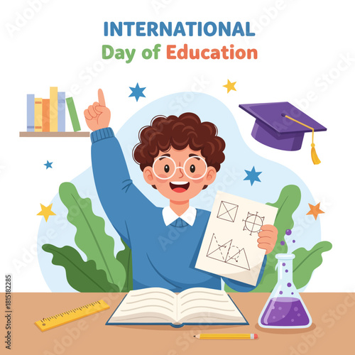Cute student holding geometry sheet and studying science for International Day of Education. Colorful school elements, books, tools, and learning symbols for academic and educational themes.