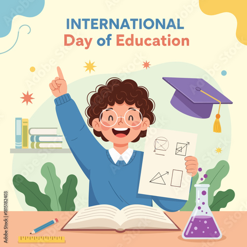 Cute student holding geometry sheet and studying science for International Day of Education. Colorful school elements, books, tools, and learning symbols for academic and educational themes.