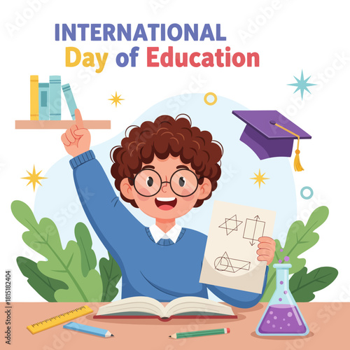 Cute student holding geometry sheet and studying science for International Day of Education. Colorful school elements, books, tools, and learning symbols for academic and educational themes.