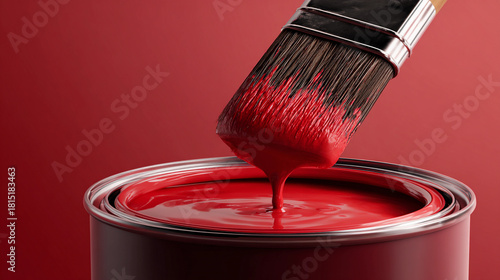 Paintbrush dipping into a can of vibrant red paint, creating a drip effect on a matching background