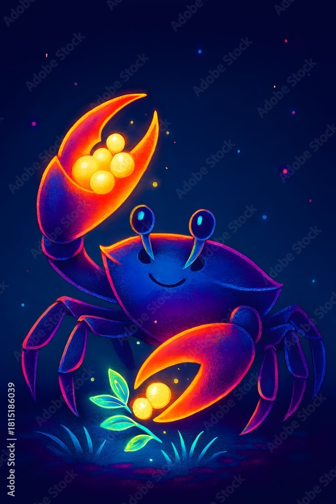 Fototapeta premium Glowing neon crab with pearls in dark ocean depths