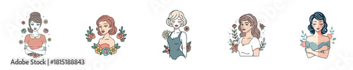 Minimalist Outline Pin Up Girl Vector Set with Floral Wreath and Gentle Headshots