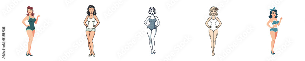 Εκτύπωση καμβά Retro Swimwear Pin Up Girl Vector Set with 1940s Bathing Suit and Standing Pose