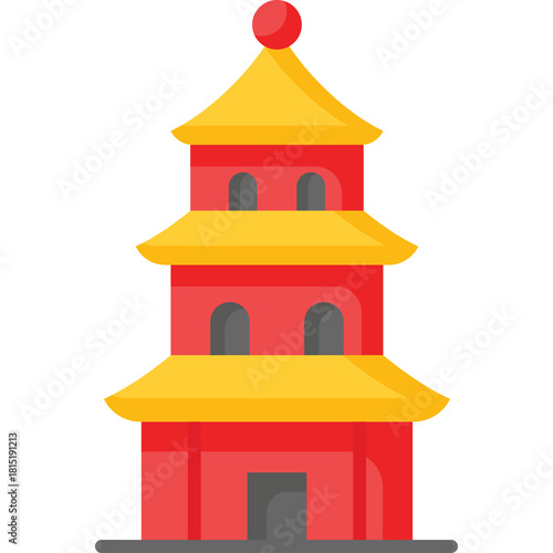 Red and Yellow Pagoda Tower Building With Gray Base And Red Ball On Top In A Flat Design Style On A White Background