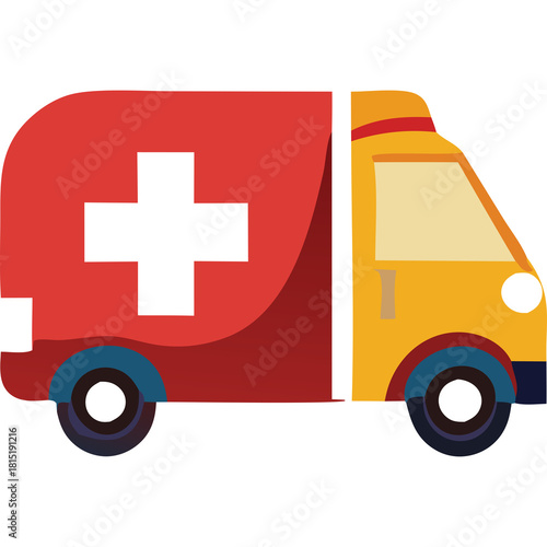 Red and yellow ambulance with white cross symbol on side isolated on white background for medical transport services