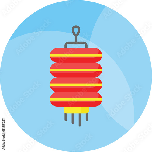 Red And Yellow Chinese Lantern With Horizontal Stripes Hanging Against A Light Blue Circular Background With Subtle Swirls