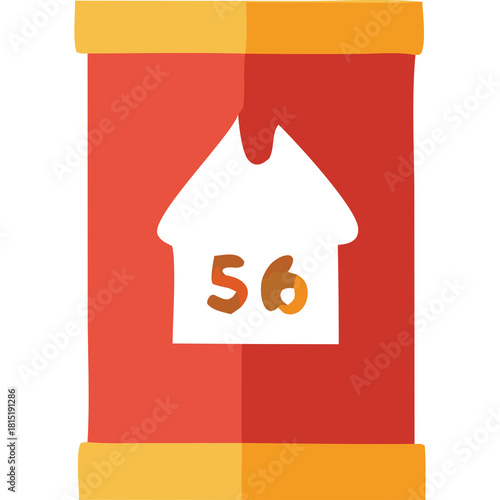 Red and Yellow Cylindrical Object With White House Shape and Number 56 Graphic Element Isolated On White Background