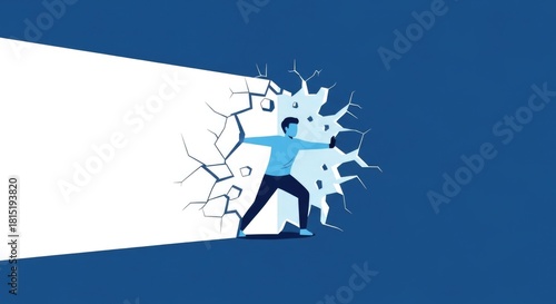 Man breaking through wall, concept of overcoming obstacles and achieving goals.