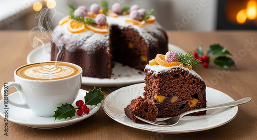 Festive Chocolate Cake Slice with Steaming Coffee and Holly