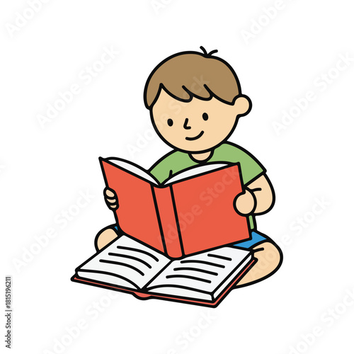 Boy Reading Book Cartoon Illustration
