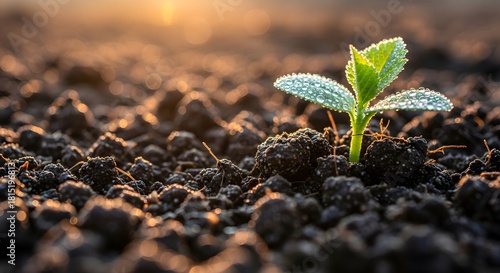 A tiny green seedling with dew drops growing in dark, fertile soil under a warm, golden light.