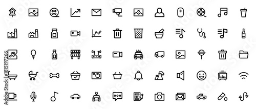 Miscellaneous icon set. Vector illustration pack. Inludes symbols for bird houe, film strip, email, musi, factory, video camera, sopping basket, car and mor. Editable stroke.