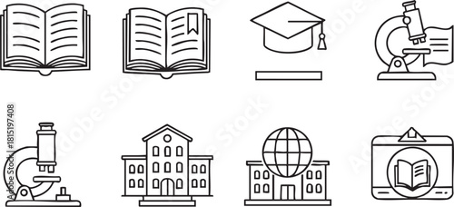 Collection of education and science outline icons, including books, graduation cap, microscopes, school buildings, and online learning