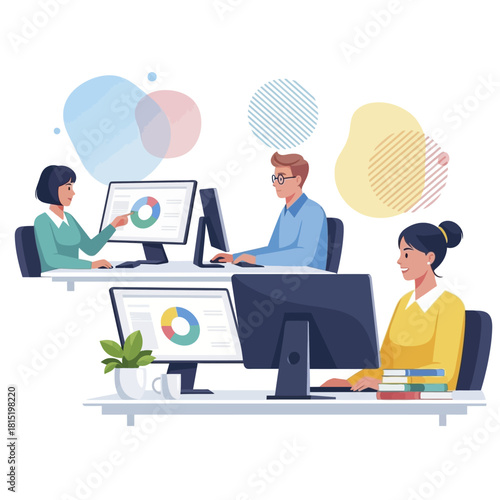 Team of professionals working on computers in an office environment.