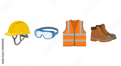 Flat design vector illustration of essential construction personal protective equipment including helmet, glasses, vest, and boots