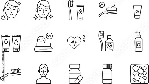 Line art icons of daily health and beauty routine, including skincare, oral hygiene, and medication