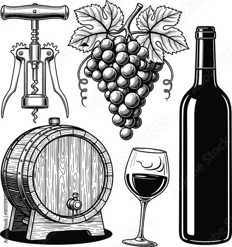 Vintage wine bottle glass grapes barrel and corkscrew illustration set with detailed engraving style for winery branding menu design decoration