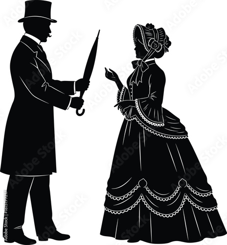Victorian couple silhouette in elegant period clothing, vintage fashion illustration, historical characters interacting, classic retro style artwork for design themes