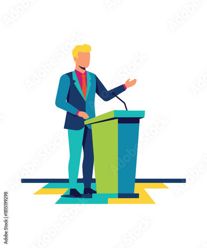 Dynamic speaker delivering powerful presentation at podium, engaging audience with confident gestures, ideal for business events, conferences, and leadership concepts