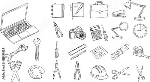 A collection of handdrawn sketch icons featuring various tools, office supplies, and technology items