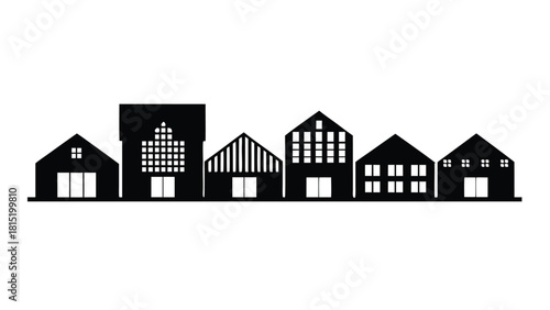 A silhouette illustration of a city skyline against white background