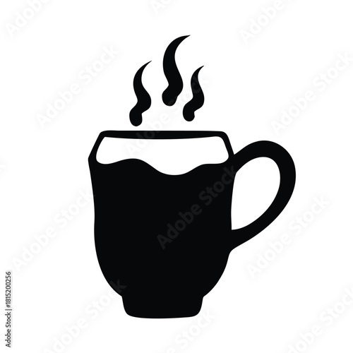 Simple black and white silhouette icon of a steaming hot beverage in a classic coffee mug