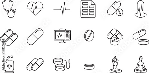 A comprehensive set of line art medical and wellness icons featuring healthcare symbols, pills, and yoga poses
