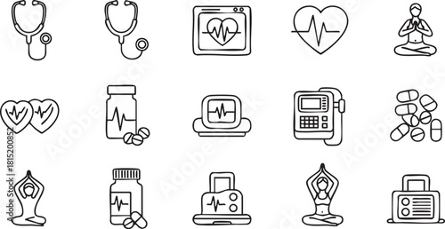 Collection of medical and wellness line icons featuring stethoscopes, heart monitors, medication, and yoga poses
