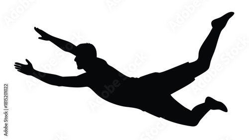 Silhouette of a man falling or diving against a white background