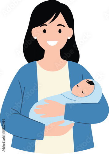 Smiling mother lovingly holding newborn baby in arms, representing family care, parental love, motherhood, bonding, nurturing and happy parenting illustration