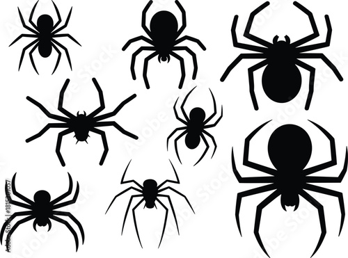 Spider silhouette collection featuring various arachnid shapes, creepy insect designs, black spider icons, Halloween elements, and detailed eight-legged vector illustrations