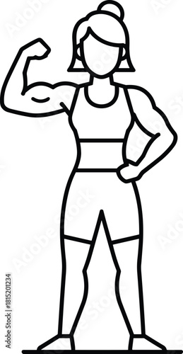 Strong athletic woman flexing arm muscles, fitness illustration of confident female athlete showing strength and power, isolated line art drawing
