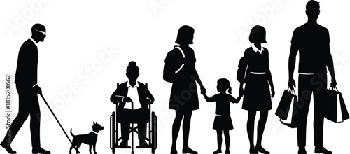 Silhouettes of diverse people including wheelchair user, guide dog walker, family and shopper, isolated black figures on white background for design use