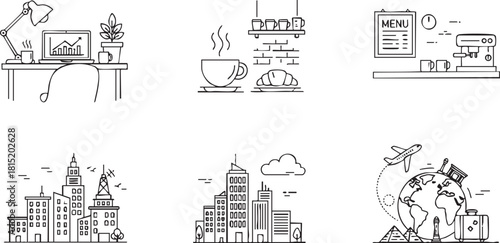 Line art icons office, cafe, breakfast, cityscapes, global travel, education, and business themes