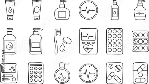 A collection of handdrawn line art icons representing personal care, hygiene, and medical items