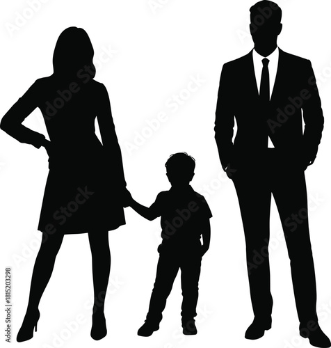 Silhouette of a family with parents and child standing together, representing unity, support, parenting, love, and family relationships for design projects