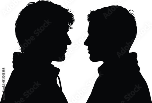 Silhouette of two men facing each other, profile view illustration, conversation concept, dramatic outline artwork for communication, discussion and relationship themes