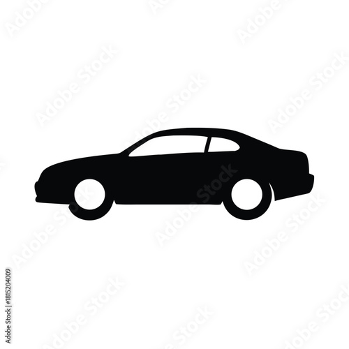 Sleek black car silhouette on white background, simple black icon of car, silhouette of car 