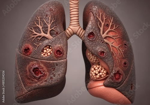 Anatomical illustration of diseased lungs, showcasing damage and various health issues.