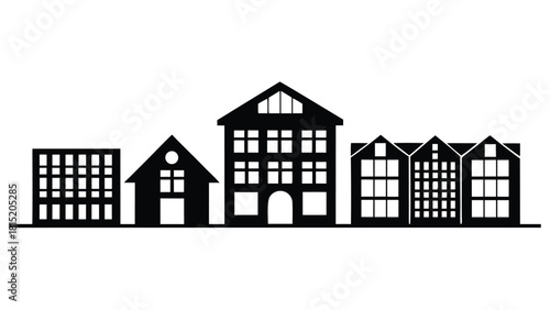 A silhouette of various buildings against a plain white background